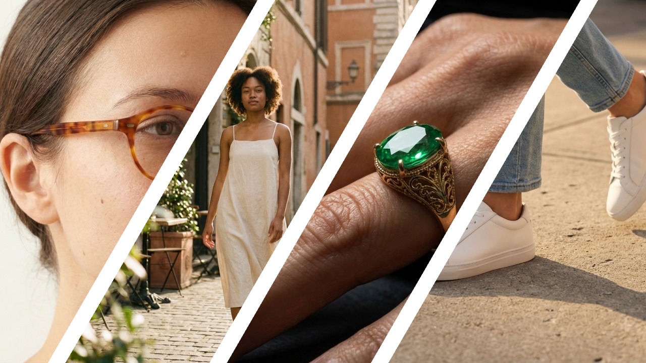 AI virtual try-on results across four product categories — clothing, jewelry, glasses, and shoes