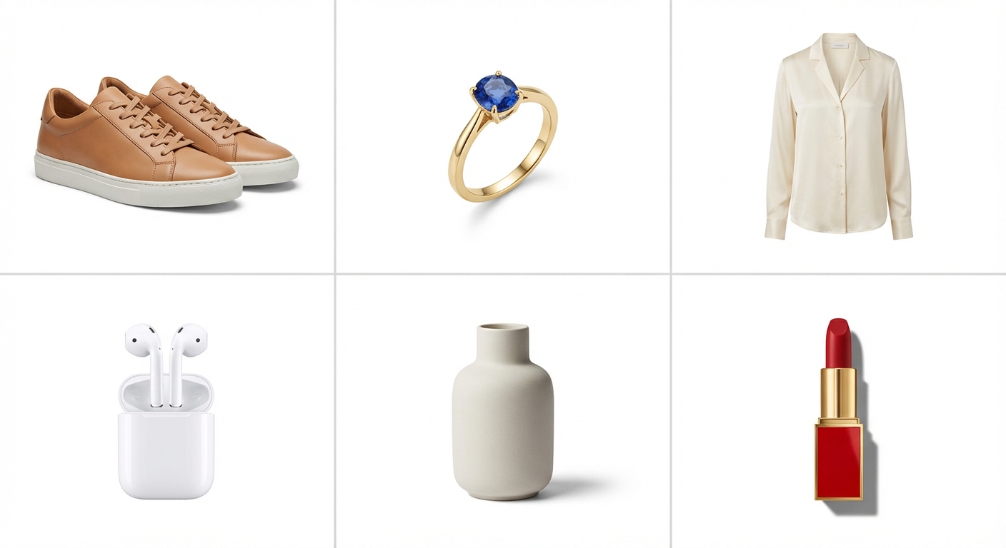 White background product photography comparison — AI-generated vs traditional studio results across multiple product categories