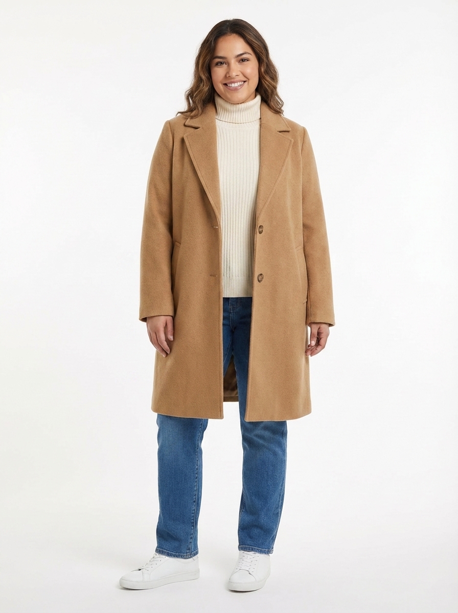 After: same model wearing a camel wool overcoat via AI clothes changer
