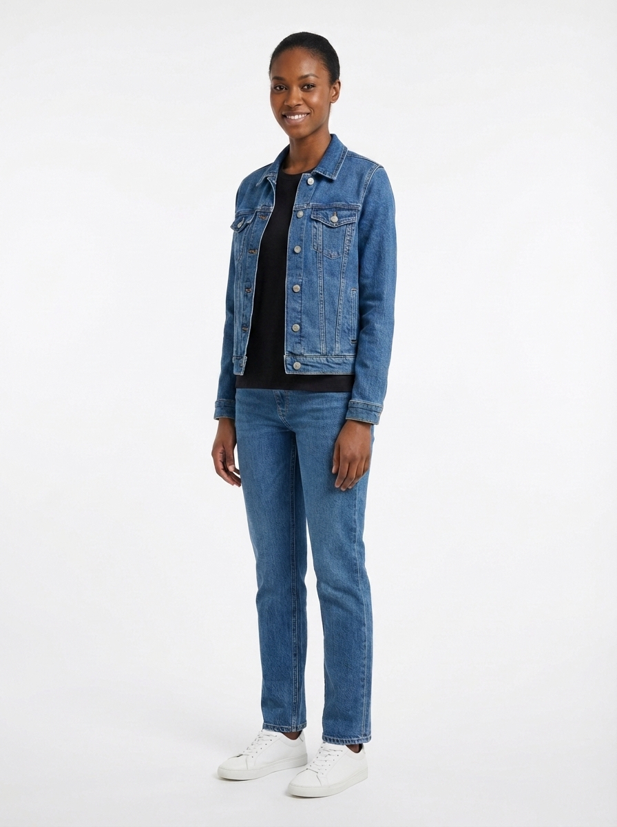 After: same model wearing a denim jacket via AI outfit swap