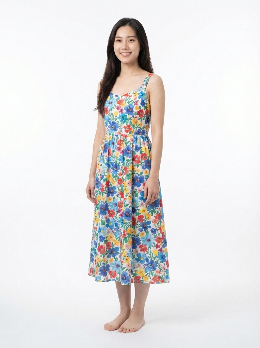 After: same model wearing a floral summer dress via AI clothes changer