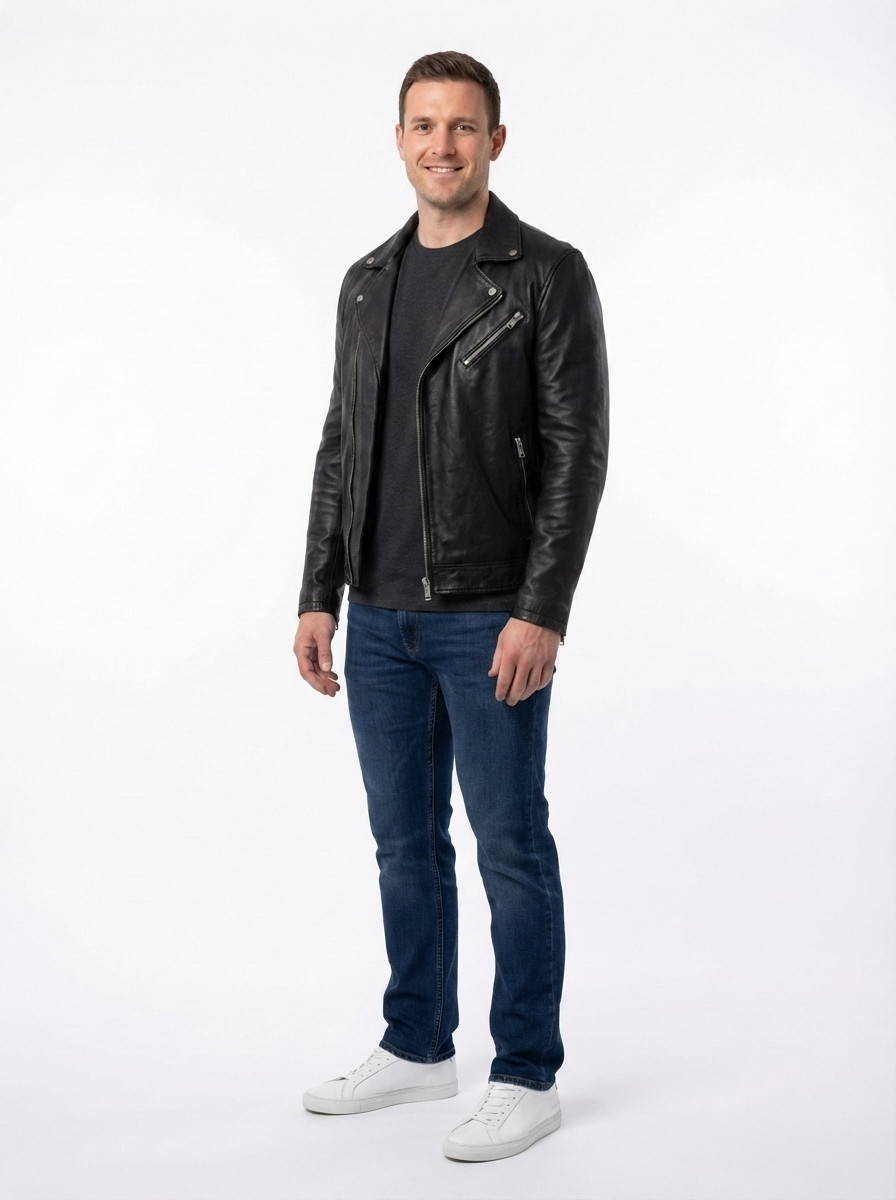 After: same model wearing a black leather jacket via AI outfit swap