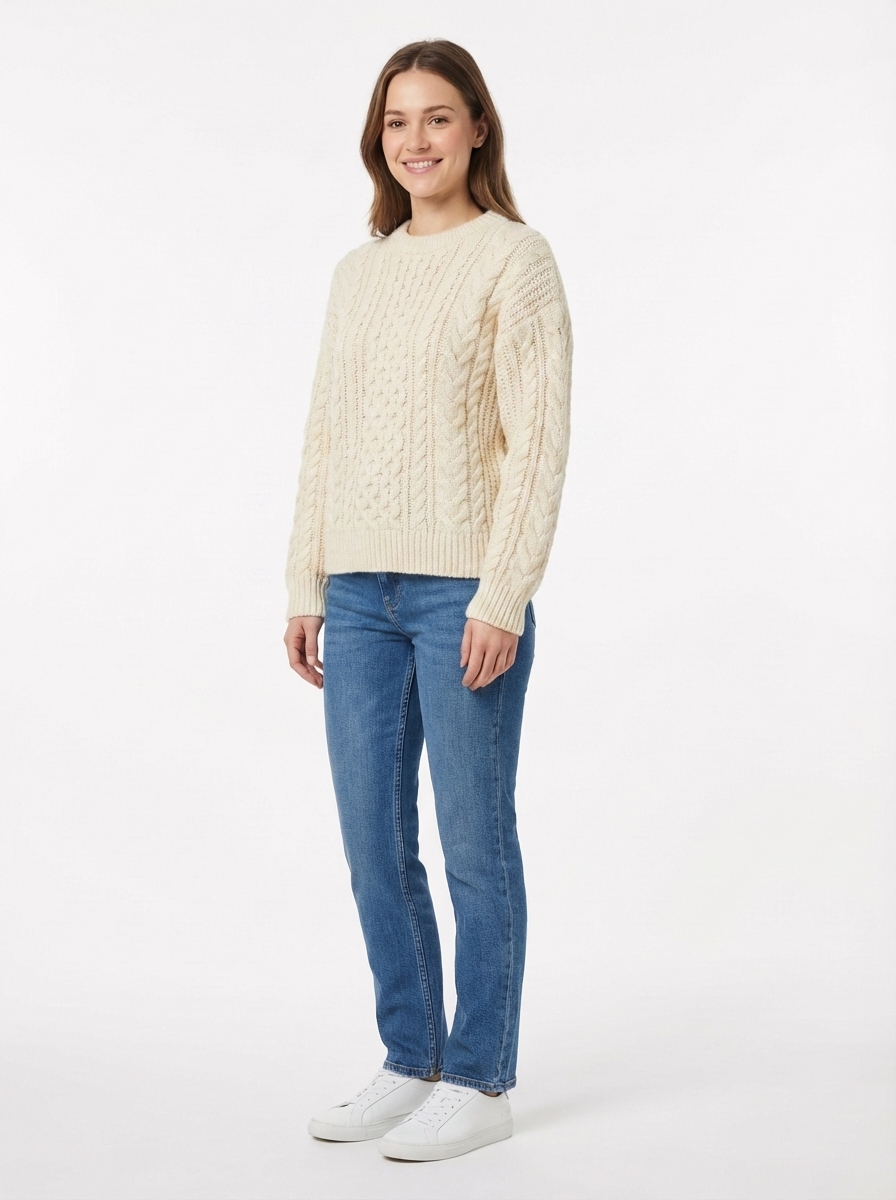 After: same model wearing a cable-knit sweater via AI clothing changer
