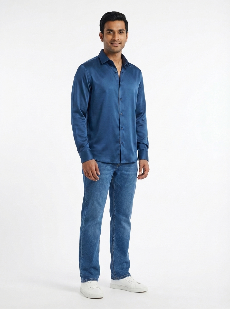 After: same model wearing a silk blouse via AI clothing changer