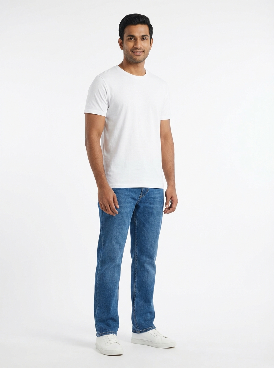 Before: model in white t-shirt