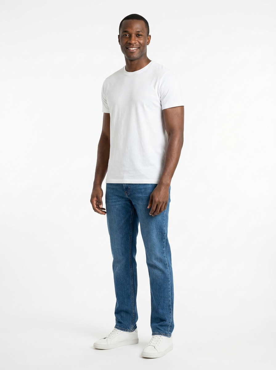 Tall African male model ready for AI clothing swap — athletic build studio shot
