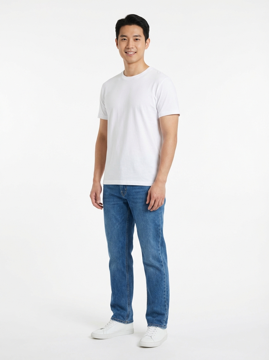 East Asian male model for AI clothes changer — standard build on white background
