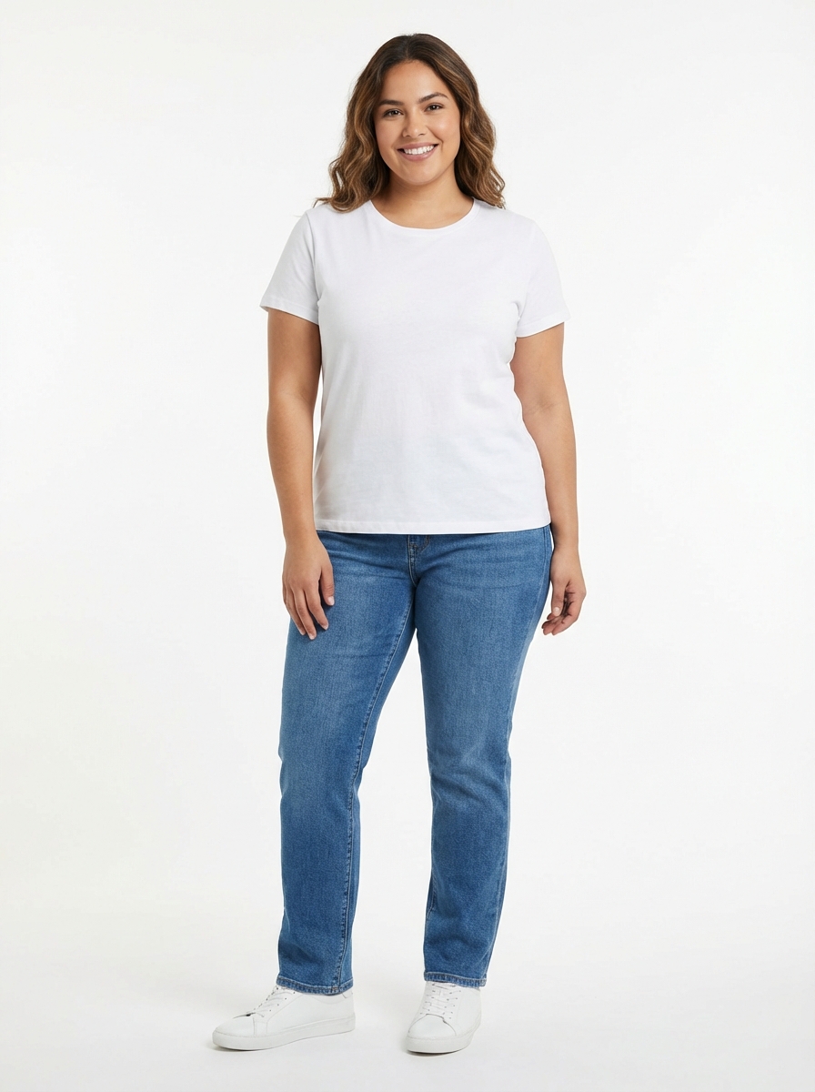 Curvy Latin American female model for AI outfit changer — casual studio pose