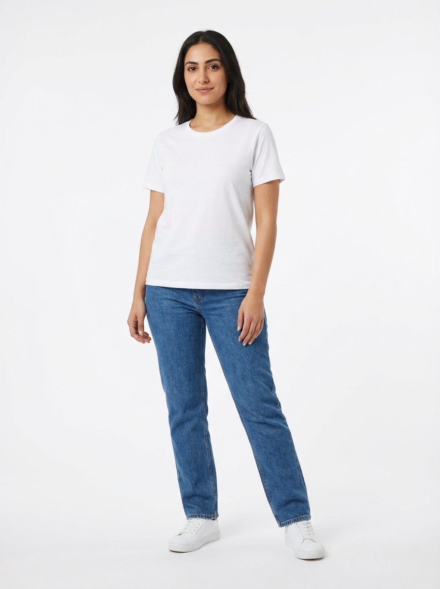 Middle Eastern female model for AI outfit swap — relaxed standing pose in studio