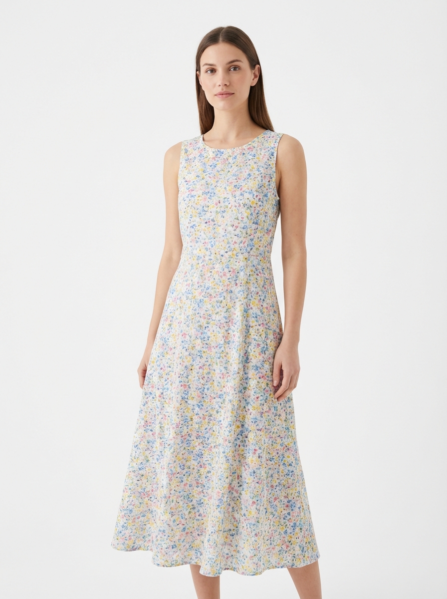 AI clothes changer result: model wearing a floral summer dress