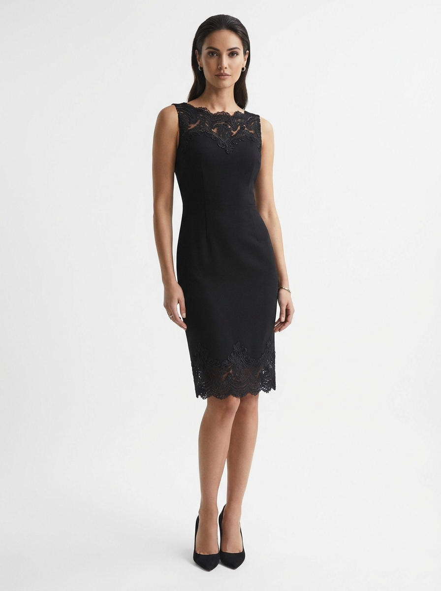 AI clothes swap result: model wearing a black lace cocktail dress