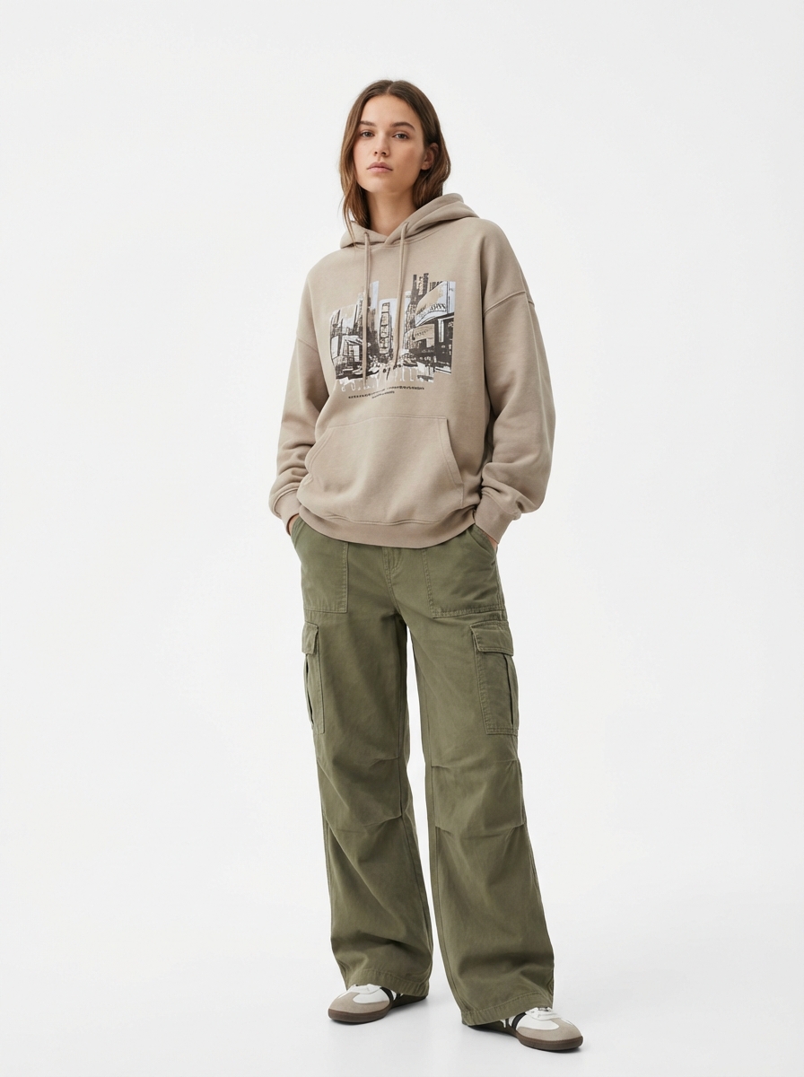 AI clothing changer result: model in streetwear hoodie and cargo pants