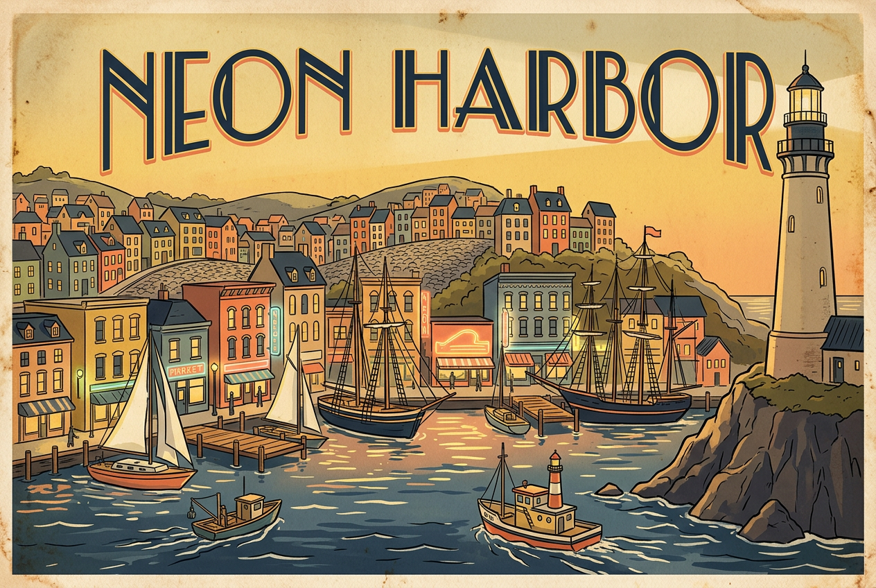 Nano Banana 2 creative benchmark — NEON HARBOR vintage travel poster illustration in Art Deco style