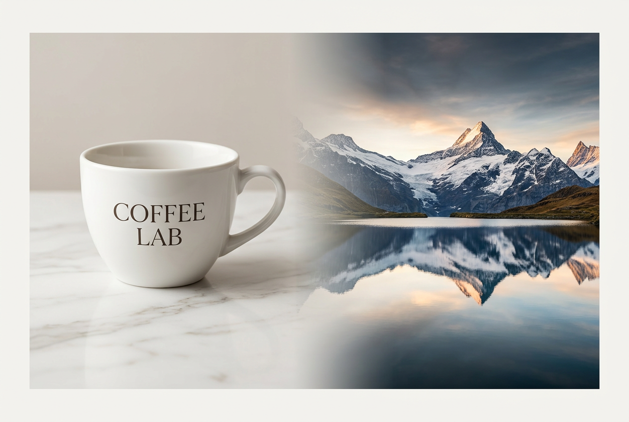Nano Banana 2 generated artwork — split composition showing COFFEE LAB text rendering and ultra-wide mountain panorama