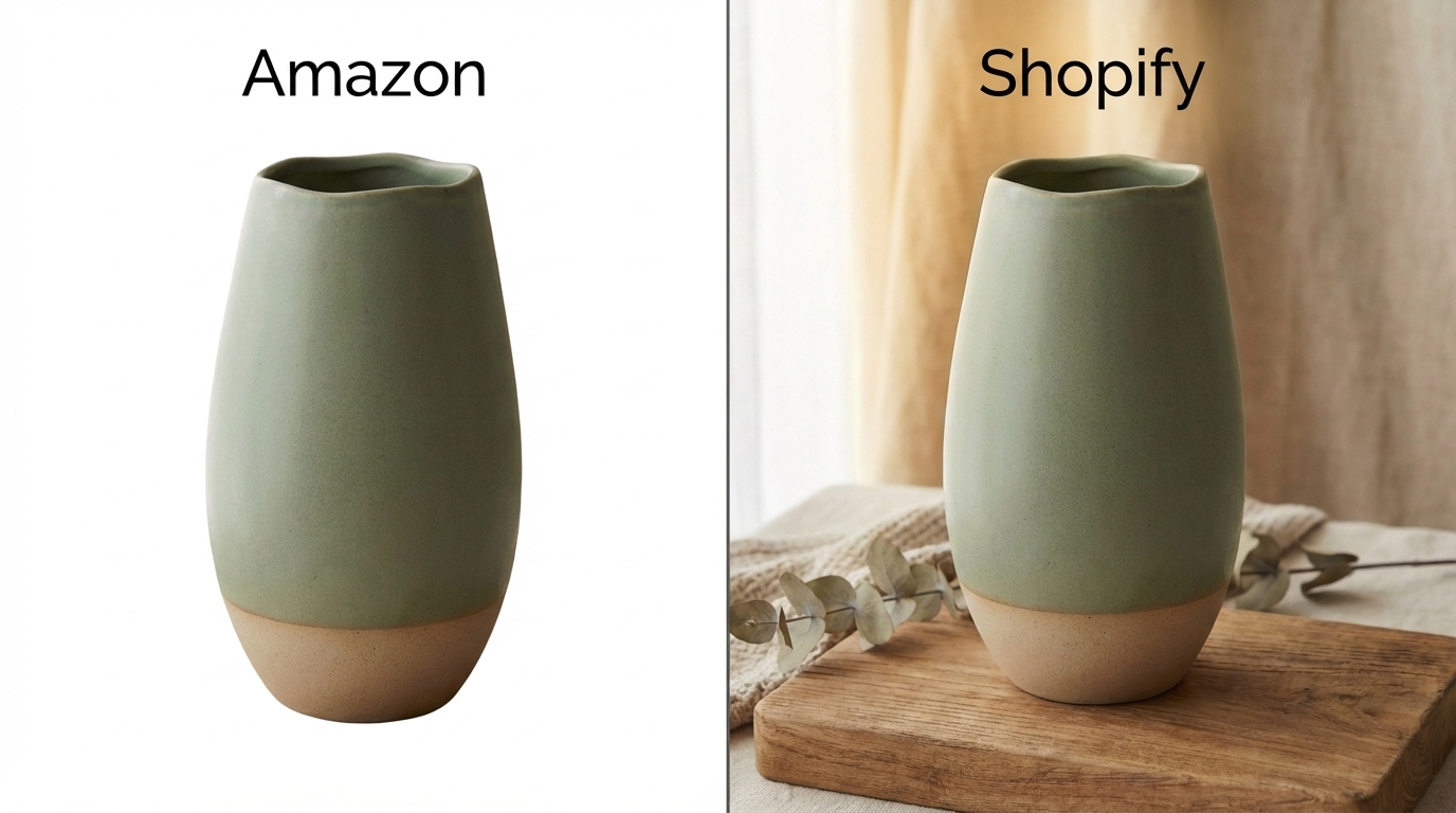 Amazon vs Shopify product photography comparison — white background catalog style versus warm lifestyle scene