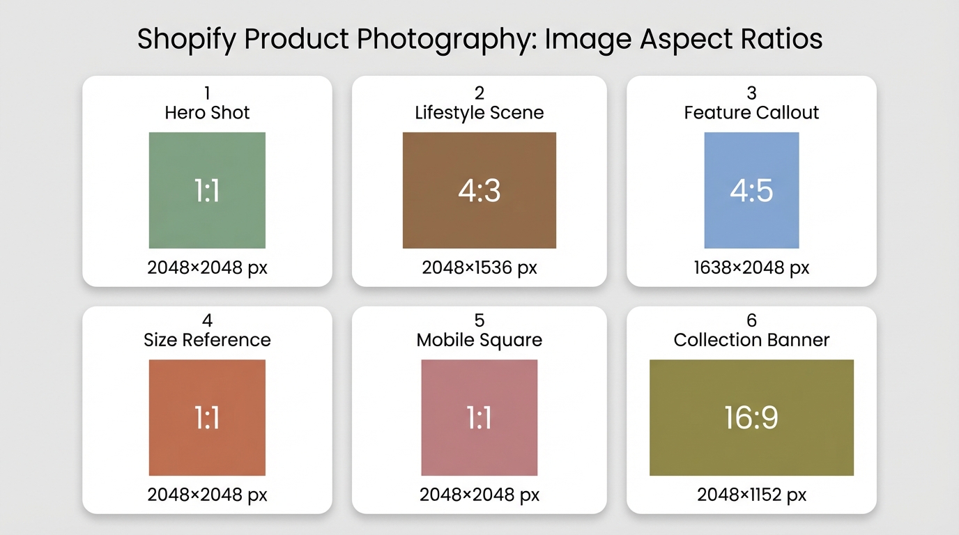 Shopify product image aspect ratio guide — 6 image types with recommended dimensions for store photography