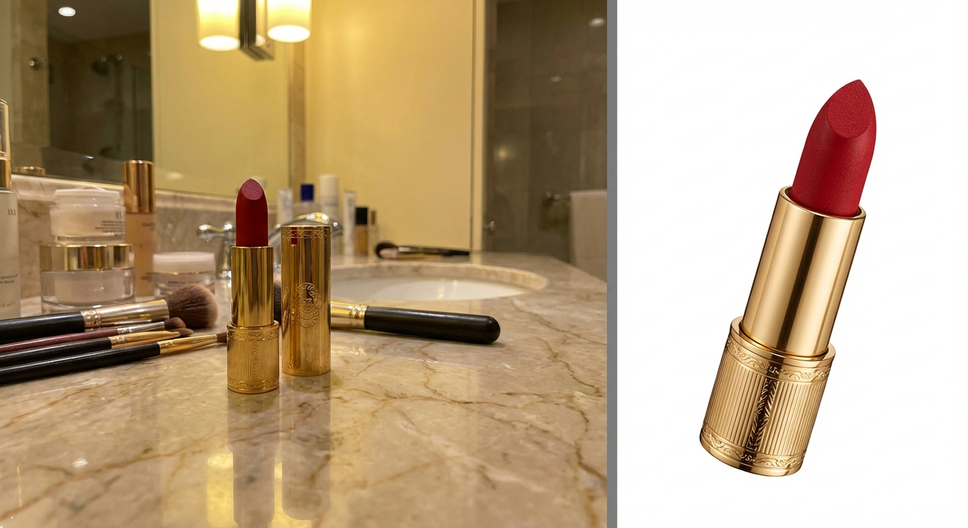 Red lipstick beauty product photo — bathroom counter vs AI-generated white background professional image
