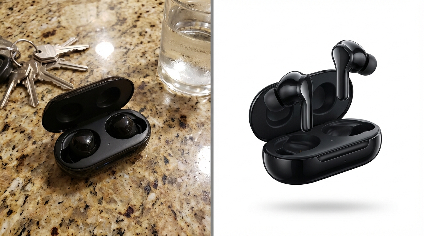 Wireless earbuds product photo — kitchen counter snapshot vs AI white backdrop commercial shot