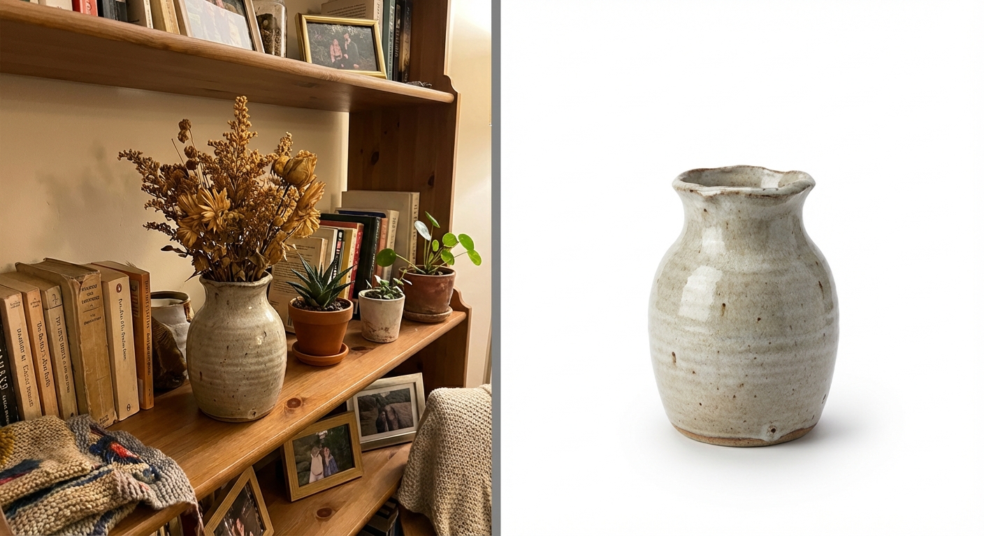 Ceramic vase product photography — cluttered shelf vs clean AI-generated white backdrop catalog image